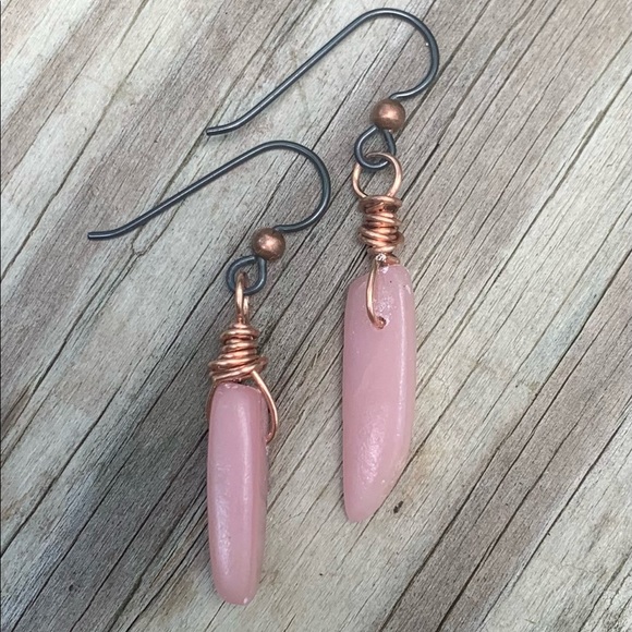 Pink Opal copper wrapped. Niobium ear wire earrings - Picture 2 of 8